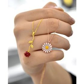 Papatya Silver 925 Ayar Gümüş Kırmızı Gül ve Papatya Kolye