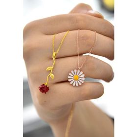 Papatya Silver 925 Ayar Gümüş Kırmızı Gül ve Papatya Kolye