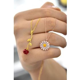 Papatya Silver 925 Ayar Gümüş Kırmızı Gül ve Papatya Kolye