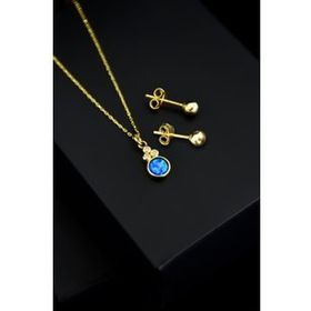 Papatya Silver 925 Ayar Gümüş Mavi Opal Yuvarlak Kolye Çivili Top Küpe Set