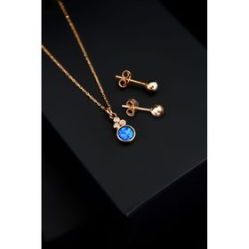Papatya Silver 925 Ayar Gümüş Mavi Opal Yuvarlak Kolye Çivili Top Küpe Set