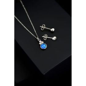 Papatya Silver 925 Ayar Gümüş Mavi Opal Yuvarlak Kolye Çivili Top Küpe Set