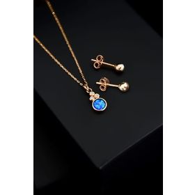 Papatya Silver 925 Ayar Gümüş Mavi Opal Yuvarlak Kolye Çivili Top Küpe Set