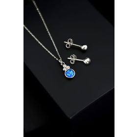 Papatya Silver 925 Ayar Gümüş Mavi Opal Yuvarlak Kolye Çivili Top Küpe Set