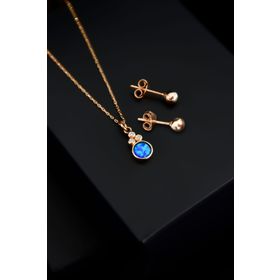 Papatya Silver 925 Ayar Gümüş Mavi Opal Yuvarlak Kolye Çivili Top Küpe Set