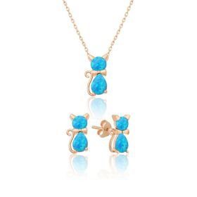Papatya Silver 925 Ayar Gümüş Opal Taşlı Kedi Kadın Küpe Kolye