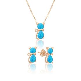 Papatya Silver 925 Ayar Gümüş Opal Taşlı Kedi Kadın Küpe Kolye