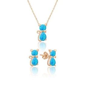 Papatya Silver 925 Ayar Gümüş Opal Taşlı Kedi Kadın Küpe Kolye
