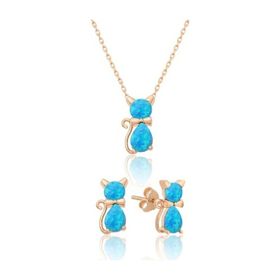 Papatya Silver 925 Ayar Gümüş Opal Taşlı Kedi Kadın Küpe Kolye