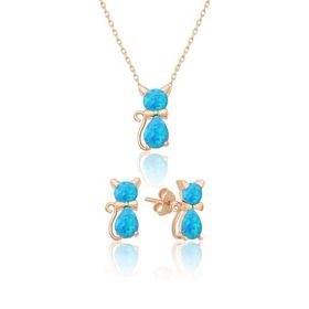 Papatya Silver 925 Ayar Gümüş Opal Taşlı Kedi Kadın Küpe Kolye