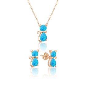 Papatya Silver 925 Ayar Gümüş Opal Taşlı Kedi Kadın Küpe Kolye