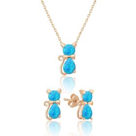 Papatya Silver 925 Ayar Gümüş Opal Taşlı Kedi Kadın Küpe Kolye