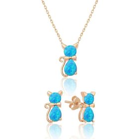 Papatya Silver 925 Ayar Gümüş Opal Taşlı Kedi Kadın Küpe Kolye