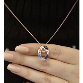 Papatya Silver 925 Ayar Gümüş Renkli Taşlı Kalp Sarmalı Anne Çocuk Kolye