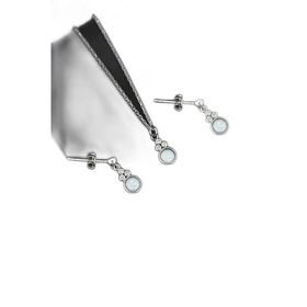 Papatya Silver 925 Ayar Gümüş Rodyum Kaplama Beyaz Opal Yuvarlak Kolye ve Çivili Küpe Set