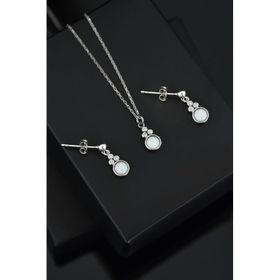 Papatya Silver 925 Ayar Gümüş Rodyum Kaplama Beyaz Opal Yuvarlak Kolye ve Çivili Küpe Set