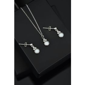 Papatya Silver 925 Ayar Gümüş Rodyum Kaplama Beyaz Opal Yuvarlak Kolye ve Çivili Küpe Set