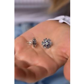 Papatya Silver 925 Ayar Gümüş Rodyum Kaplama Doğum Taşı Tohumlu Linum Çiçeği Küpe