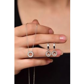 Papatya Silver 925 Ayar Gümüş Rodyum Kaplama Incılı Yuvarlak Kolye Ve Küpe Set