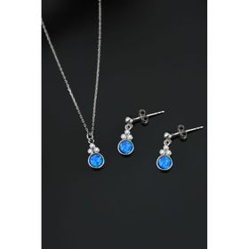 Papatya Silver 925 Ayar Gümüş Rodyum Kaplama Mavi Opal Yuvarlak Kolye ve Çiftli Küpe
