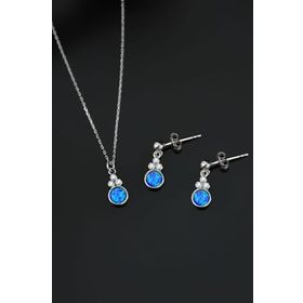Papatya Silver 925 Ayar Gümüş Rodyum Kaplama Mavi Opal Yuvarlak Kolye ve Çiftli Küpe