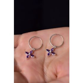 Papatya Silver 925 Ayar Gümüş Rodyum Kaplama Mor Zirkon Taşlı Plumeria Halka Küpe