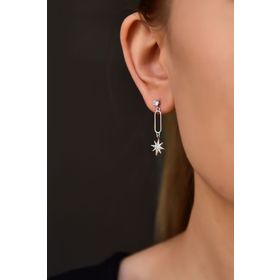 Papatya Silver 925 Ayar Gümüş Rodyum Kaplama Sallantılı Köşesiz Dikdörtgen Tektaş Yıldız Küpe