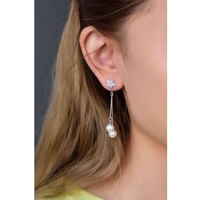 Papatya Silver 925 Ayar Gümüş Rodyum Kaplama Sallantılı Yıldızlı Inci ve Halka Küpe