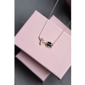 Papatya Silver 925 Ayar Gümüş Rodyum Kaplama Siyah Taşlı Lale Kolye