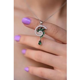 Papatya Silver 925 Ayar Gümüş Rodyum Kaplama Yeşil Taşlı Girdap Tasarım Kolye