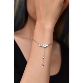 Papatya Silver 925 Ayar Gümüş Rodyum Kaplama Zincir Sallantılı Beyaz Taşlı Sedef Manolya Çiçeği Bileklik