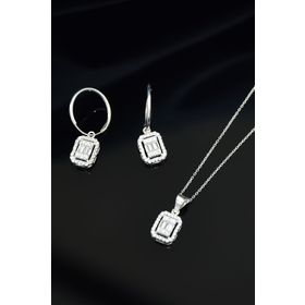Papatya Silver 925 Ayar Gümüş Rodyum Kaplama Zirkon Baget Taşlı Halka Küpe ve Tepelikli Baget Kare Taş Kolye Set