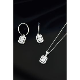 Papatya Silver 925 Ayar Gümüş Rodyum Kaplama Zirkon Baget Taşlı Halka Küpe ve Tepelikli Baget Kare Taş Kolye Set