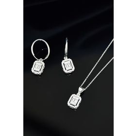 Papatya Silver 925 Ayar Gümüş Rodyum Kaplama Zirkon Baget Taşlı Halka Küpe ve Tepelikli Baget Kare Taş Kolye Set