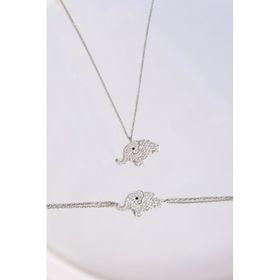 Papatya Silver 925 Ayar Gümüş Rodyum Kaplama Zirkon Taşlı Fil Kolye ve Bileklik Set