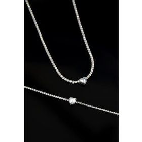 Papatya Silver 925 Ayar Gümüş Rodyum Kaplama Zirkon Taşlı Su Yolu Tek Taş Kalp Kolye ve Bileklik Set