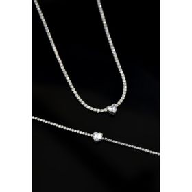 Papatya Silver 925 Ayar Gümüş Rodyum Kaplama Zirkon Taşlı Su Yolu Tek Taş Kalp Kolye ve Bileklik Set