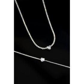 Papatya Silver 925 Ayar Gümüş Rodyum Kaplama Zirkon Taşlı Su Yolu Tek Taş Kalp Kolye ve Bileklik Set