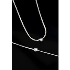Papatya Silver 925 Ayar Gümüş Rodyum Kaplama Zirkon Taşlı Su Yolu Tek Taş Kalp Kolye ve Bileklik Set