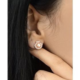 Papatya Silver 925 Ayar Gümüş Rose Altın Kaplama Taşlı Çivili İnci Küpe