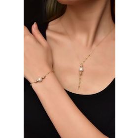 Papatya Silver 925 Ayar Gümüş Rose-Gold Kaplama İnci Simli Dorika Toplu Kolye Ve Bileklik Set
