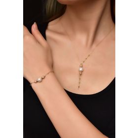 Papatya Silver 925 Ayar Gümüş Rose-Gold Kaplama İnci Simli Dorika Toplu Kolye Ve Bileklik Set
