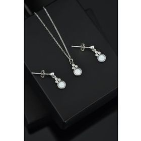 Papatya Silver 925 Ayar Gümüş Rose Kaplama Beyaz Opal Yuvarlak Kolye ve Çift Çivili Küpe Set
