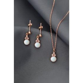 Papatya Silver 925 Ayar Gümüş Rose Kaplama Beyaz Opal Yuvarlak Kolye ve Çift Çivili Küpe Set