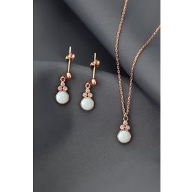 Papatya Silver 925 Ayar Gümüş Rose Kaplama Beyaz Opal Yuvarlak Kolye ve Çift Çivili Küpe Set