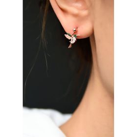 Papatya Silver 925 Ayar Gümüş Rose Kaplama Beyaz Yeşil Taşlı Çivili Kuş Küpe