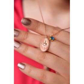 Papatya Silver 925 Ayar Gümüş Rose Kaplama Cam Gözlü Tektaşlı Oval Kutup Kolye
