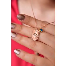 Papatya Silver 925 Ayar Gümüş Rose Kaplama Cam Gözlü Tektaşlı Oval Kutup Kolye
