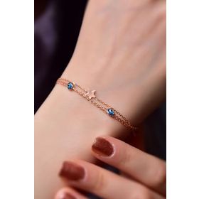 Papatya Silver 925 Ayar Gümüş Rose Kaplama Cam Nazar Göz Yıldızı Model Üç Zincir Bileklik