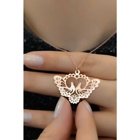 Papatya Silver 925 Ayar Gümüş Rose Kaplama Desenli Çifte Kumrular Kadın Kolye